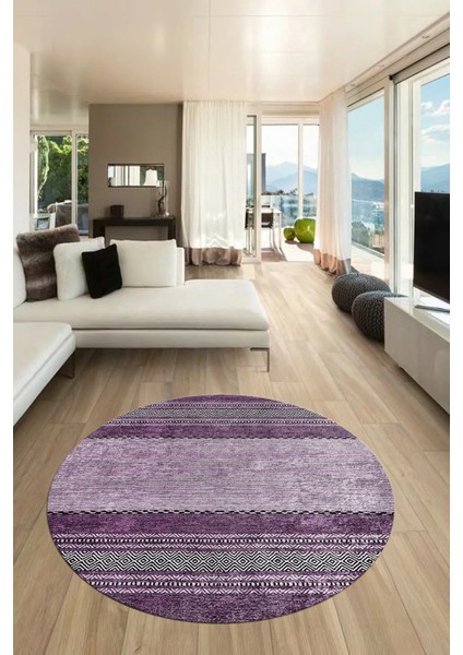 Kilim Desen Özel Tasarım Kaymaz Yıkanabilir Yuvarlak Mutfak Salon Halısı Y-Modern-83-Mor