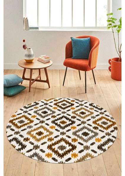 Baklava Desenli Dijital Kaymaz Yıkanabilir Yuvarlak Mutfak Salon Halısı Y-Modern-23-Kahve fiyatları