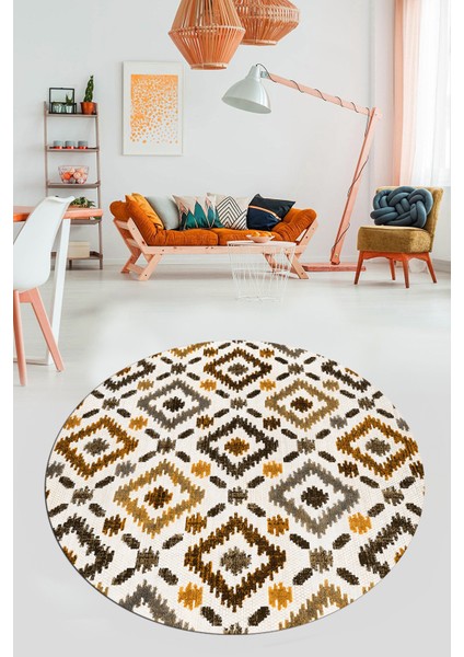 Baklava Desenli Dijital Kaymaz Yıkanabilir Yuvarlak Mutfak Salon Halısı Y-Modern-23-Kahve modelleri