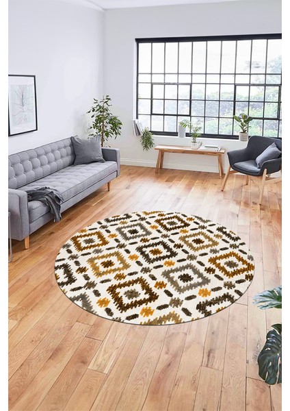 Baklava Desenli Dijital Kaymaz Yıkanabilir Yuvarlak Mutfak Salon Halısı Y-Modern-23-Kahve fırsatları