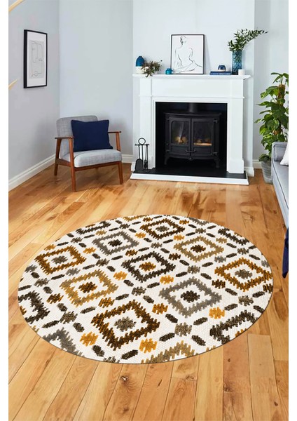 Baklava Desenli Dijital Kaymaz Yıkanabilir Yuvarlak Mutfak Salon Halısı Y-Modern-23-Kahve indirimleri