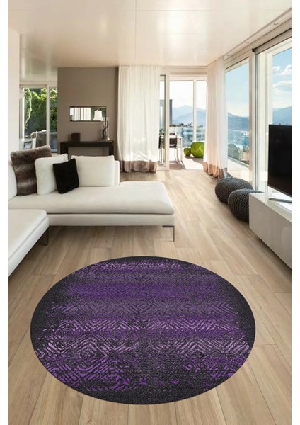 Sade Modern Desen Dijital Kaymaz Yıkanabilir Yuvarlak Mutfak Salon Halısı Y-Modern-28-Mor