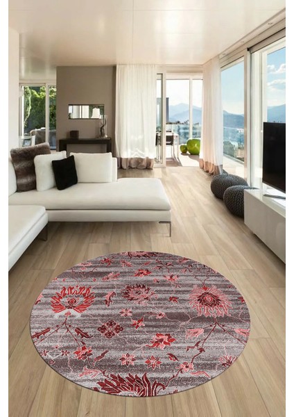 Modern Etnik Desen Dijital Kaymaz Yıkanabilir Yuvarlak Mutfak Salon Halısı Y-Modern-30-Bordo