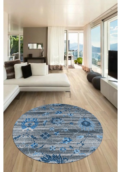 Modern Etnik Desen Dijital Kaymaz Yıkanabilir Yuvarlak Mutfak Salon Halısı Y-Modern-30-Mavi