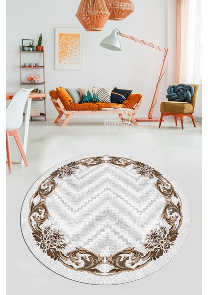 Baskılı Kaymaz Yıkanabilir Modern Çiçekli Desen Yuvarlak Salon Halısı Y-Modern-49-Kahve