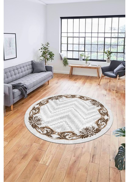 Baskılı Kaymaz Yıkanabilir Modern Çiçekli Desen Yuvarlak Salon Halısı Y-Modern-49-Kahve