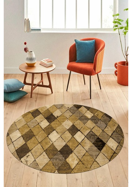 Baklava Desenli Dijital Kaymaz Yıkanabilir Yuvarlak Mutfak Salon Halısı Y-Modern-31-Kahve