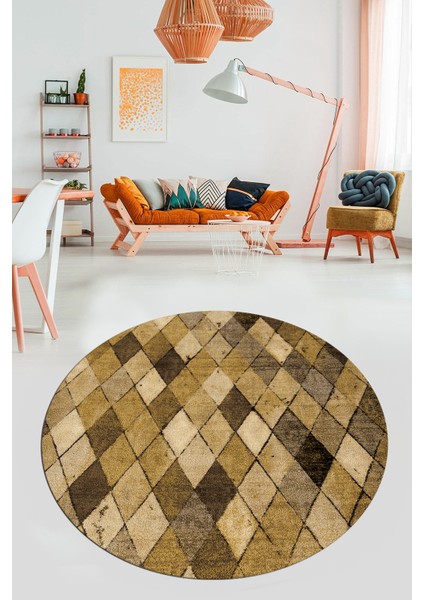 Baklava Desenli Dijital Kaymaz Yıkanabilir Yuvarlak Mutfak Salon Halısı Y-Modern-31-Kahve fiyatları