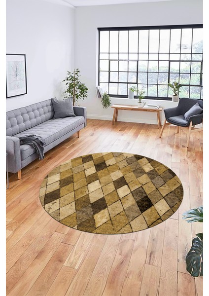 Baklava Desenli Dijital Kaymaz Yıkanabilir Yuvarlak Mutfak Salon Halısı Y-Modern-31-Kahve modelleri