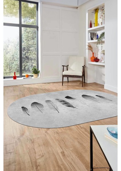 Yaprak Desenli Baskılı Kaymaz Taban Yıkanabilir Oval Yolluk Salon Halısı O-MODERN-115-GRİ