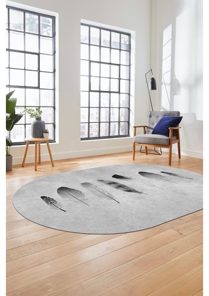 Yaprak Desenli Baskılı Kaymaz Taban Yıkanabilir Oval Yolluk Salon Halısı O-MODERN-115-GRİ modelleri