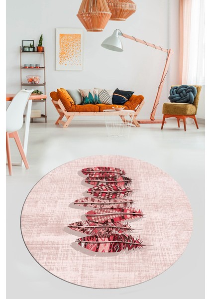 Baskılı Kaymaz Yıkanabilir Modern Yaprak Desen Yuvarlak Salon Halısı Y-Modern-50-Pembe