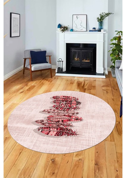 Baskılı Kaymaz Yıkanabilir Modern Yaprak Desen Yuvarlak Salon Halısı Y-Modern-50-Pembe modelleri