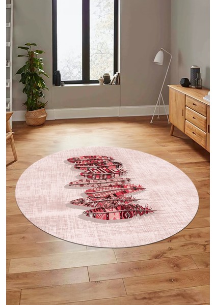 Baskılı Kaymaz Yıkanabilir Modern Yaprak Desen Yuvarlak Salon Halısı Y-Modern-50-Pembe fırsatları