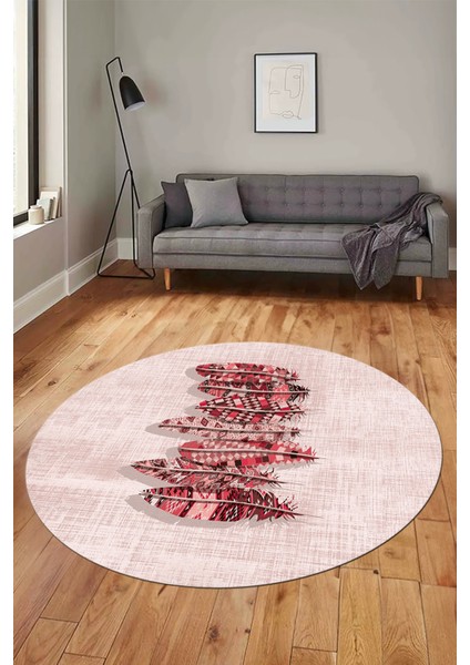 Baskılı Kaymaz Yıkanabilir Modern Yaprak Desen Yuvarlak Salon Halısı Y-Modern-50-Pembe indirimleri