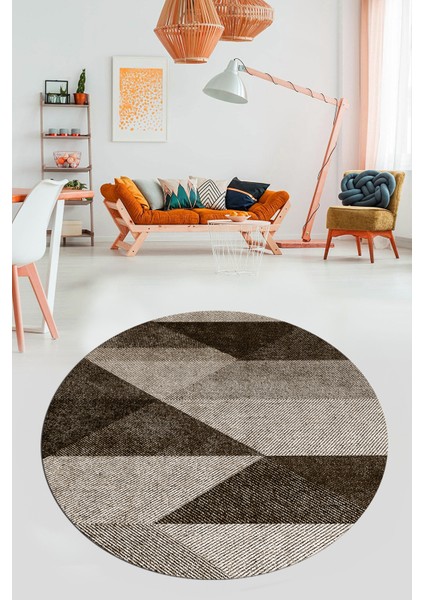 Baskılı Kaymaz Yıkanabilir Modern Yuvarlak Mutfak Halısı Salon Halısı Y-Modern-54-Kahve
