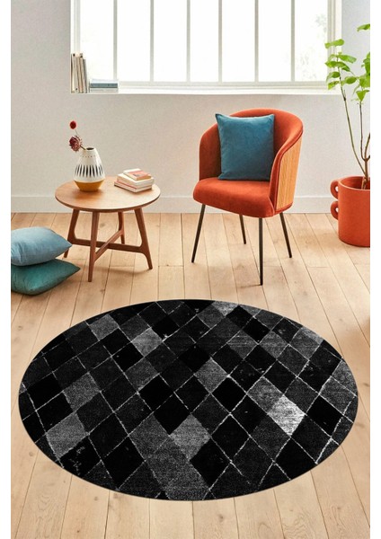 Baklava Desenli Dijital Kaymaz Yıkanabilir Yuvarlak Mutfak Salon Halısı Y-Modern-31-Antrasit