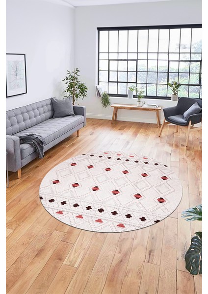 Baskılı Kaymaz Yıkanabilir Şık Kilim Desen Yuvarlak Mutfak Halısı Salon Halısı Y-Modern-65-Pembe