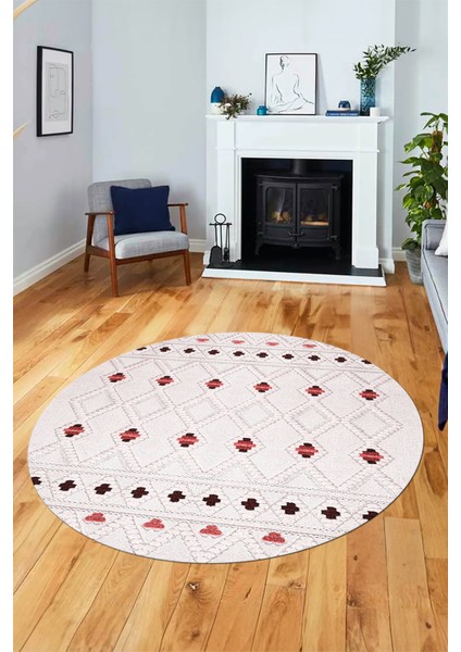 Baskılı Kaymaz Yıkanabilir Şık Kilim Desen Yuvarlak Mutfak Halısı Salon Halısı Y-Modern-65-Pembe fiyatları