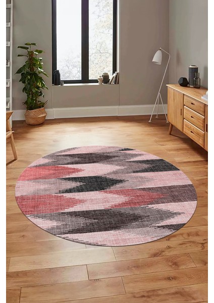 Renkli Desen Baskılı Kaymaz Taban Yıkanabilir Modern Yuvarlak Salon Halısı Y-MODERN-104-PEMBE