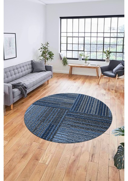 3D Modern Kilim Desen Dijital Kaymaz Yıkanabilir Yuvarlak Mutfak Salon Halısı Y-Modern-34-Mavi