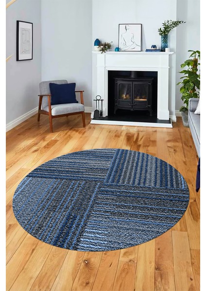 3D Modern Kilim Desen Dijital Kaymaz Yıkanabilir Yuvarlak Mutfak Salon Halısı Y-Modern-34-Mavi