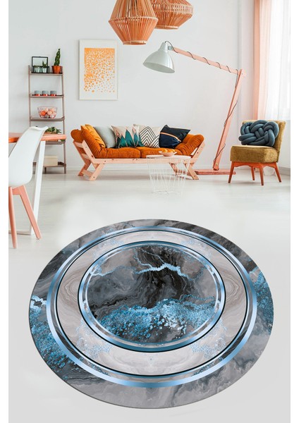 Baskılı Kaymaz Yıkanabilir Modern Mermer Desen Yuvarlak Salon Halısı Y-Modern-46-Mavi