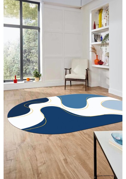 Baskılı Kaymaz Taban Yıkanabilir Modern Oval Yolluk Mutfak Salon Halısı O-MODERN-120-MAVİ