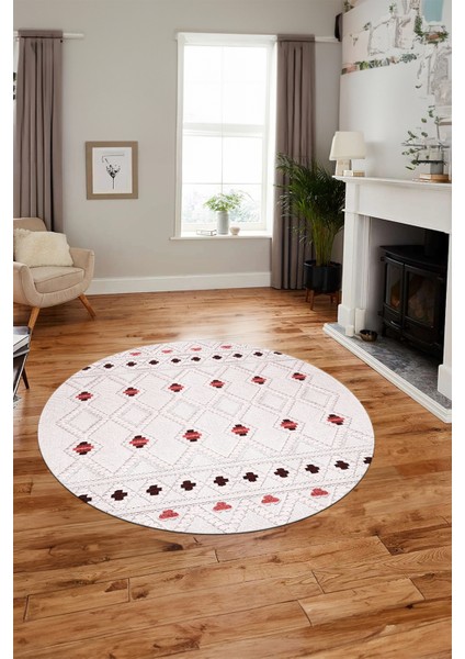 Baskılı Kaymaz Yıkanabilir Şık Kilim Desen Yuvarlak Mutfak Halısı Salon Halısı Y-Modern-65-Pembe indirimleri
