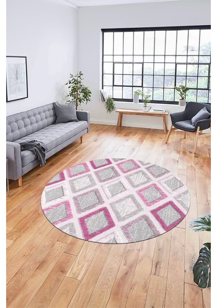 Baskılı Kaymaz Yıkanabilir Baklava Desen Yuvarlak Mutfak Halısı Salon Halısı Y-Modern-66-Pembe