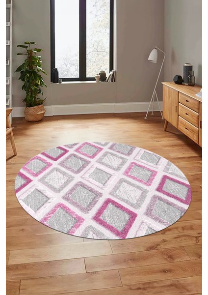 Baskılı Kaymaz Yıkanabilir Baklava Desen Yuvarlak Mutfak Halısı Salon Halısı Y-Modern-66-Pembe modelleri