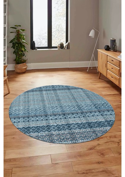 Baskılı Kaymaz Yıkanabilir Şık Kilim Desen Yuvarlak Mutfak Halısı Salon Halısı Y-Modern-70-Mavi