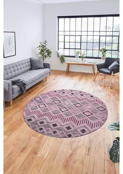 Baskılı Kaymaz Yıkanabilir Şık Kilim Desen Yuvarlak Mutfak Halısı Salon Halısı Y-Modern-67-Pembe