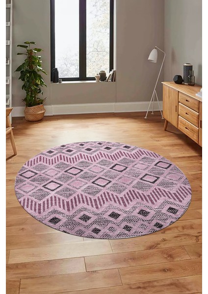 Baskılı Kaymaz Yıkanabilir Şık Kilim Desen Yuvarlak Mutfak Halısı Salon Halısı Y-Modern-67-Pembe modelleri