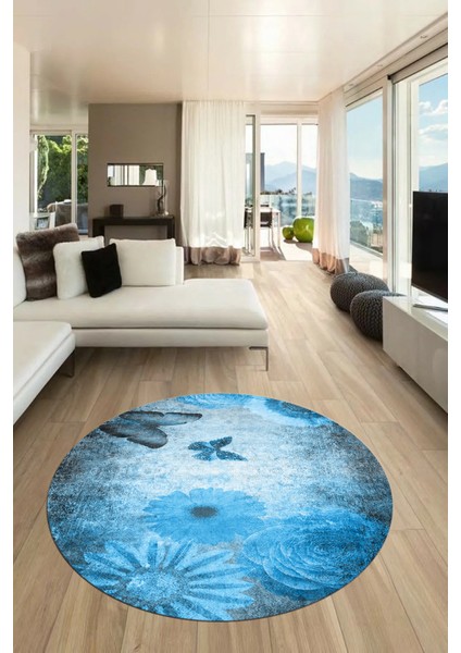 Baskılı Kaymaz Taban Yıkanabilir Modern Yuvarlak Mutfak Salon Halısı Y-MODERN-109-MAVİ