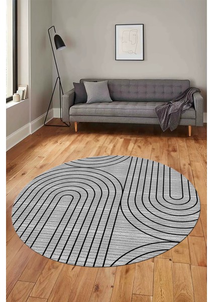 Sade Desen Baskılı Kaymaz Taban Yıkanabilir Modern Yuvarlak Salon Halısı Y-MODERN-110-GRİ