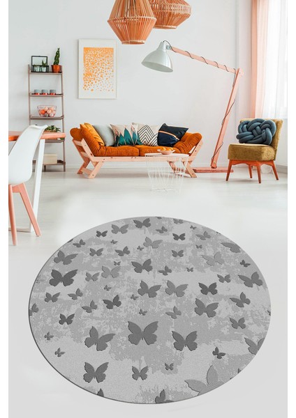 Baskılı Kaymaz Yıkanabilir Modern Kelebek Desen Yuvarlak Salon Halısı Y-Modern-51-Gri