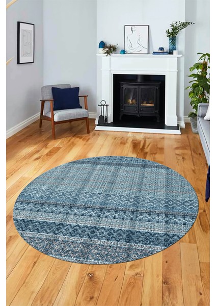 Baskılı Kaymaz Yıkanabilir Şık Kilim Desen Yuvarlak Mutfak Halısı Salon Halısı Y-Modern-70-Mavi