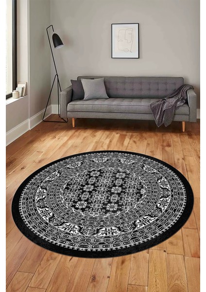Etnik Desen Baskılı Kaymaz Taban Yıkanabilir Modern Yuvarlak Salon Halısı Y-MODERN-113-ANTRASİT