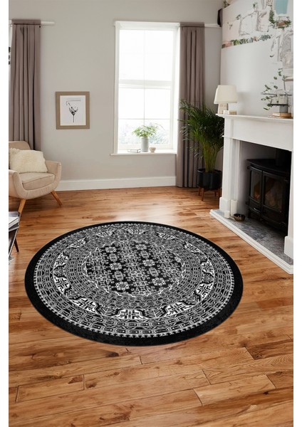 Etnik Desen Baskılı Kaymaz Taban Yıkanabilir Modern Yuvarlak Salon Halısı Y-MODERN-113-ANTRASİT fiyatları