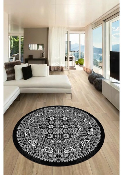 Etnik Desen Baskılı Kaymaz Taban Yıkanabilir Modern Yuvarlak Salon Halısı Y-MODERN-113-ANTRASİT modelleri