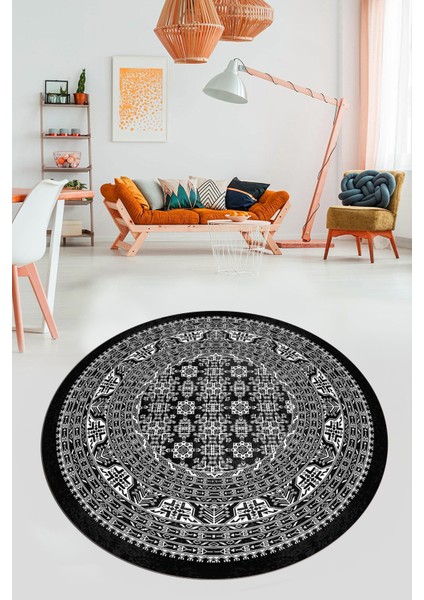 Etnik Desen Baskılı Kaymaz Taban Yıkanabilir Modern Yuvarlak Salon Halısı Y-MODERN-113-ANTRASİT indirimleri