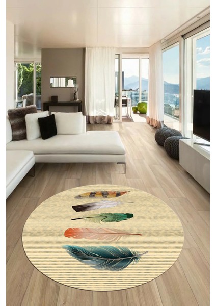 Yaprak Desen Baskılı Kaymaz Taban Yıkanabilir Modern Yuvarlak Salon Halısı Y-MODERN-114-KREM