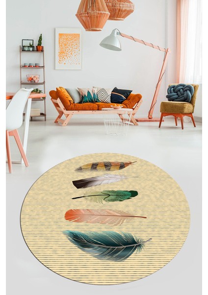 Yaprak Desen Baskılı Kaymaz Taban Yıkanabilir Modern Yuvarlak Salon Halısı Y-MODERN-114-KREM
