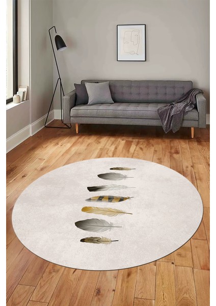 Yaprak Desenli Baskılı Kaymaz Taban Yıkanabilir Yuvarlak Mutfak Salon Halısı Y-MODERN-115-KREM