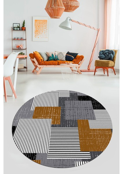 Baskılı Kaymaz Yıkanabilir Yuvarlak Mutfak Halısı Salon Halısı Y-Modern-47-Kahve