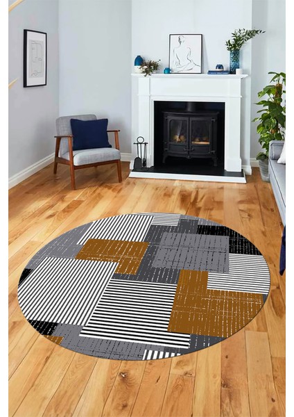 Baskılı Kaymaz Yıkanabilir Yuvarlak Mutfak Halısı Salon Halısı Y-Modern-47-Kahve modelleri