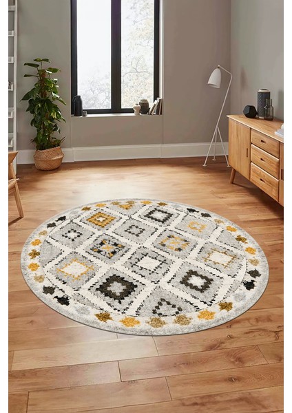 Baskılı Kaymaz Yıkanabilir Etnik Modern Yuvarlak Mutfak Halısı Salon Halısı Y-Modern-60-Sarı