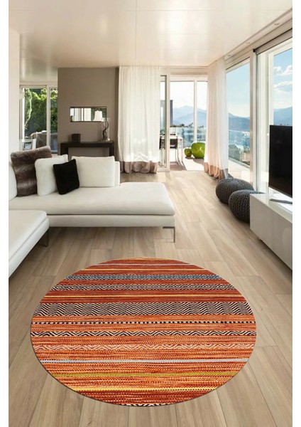 Modern Kilim Desenli Dijital Kaymaz Yıkanabilir Yuvarlak Mutfak Salon Halısı Y-Modern-17-Turuncu