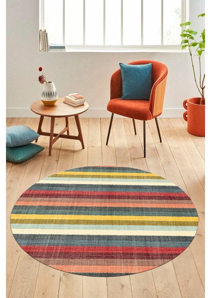 Modern Kilim Desen Dijital Kaymaz Yıkanabilir Yuvarlak Mutfak Salon Halısı Y-Modern-25-Renkli